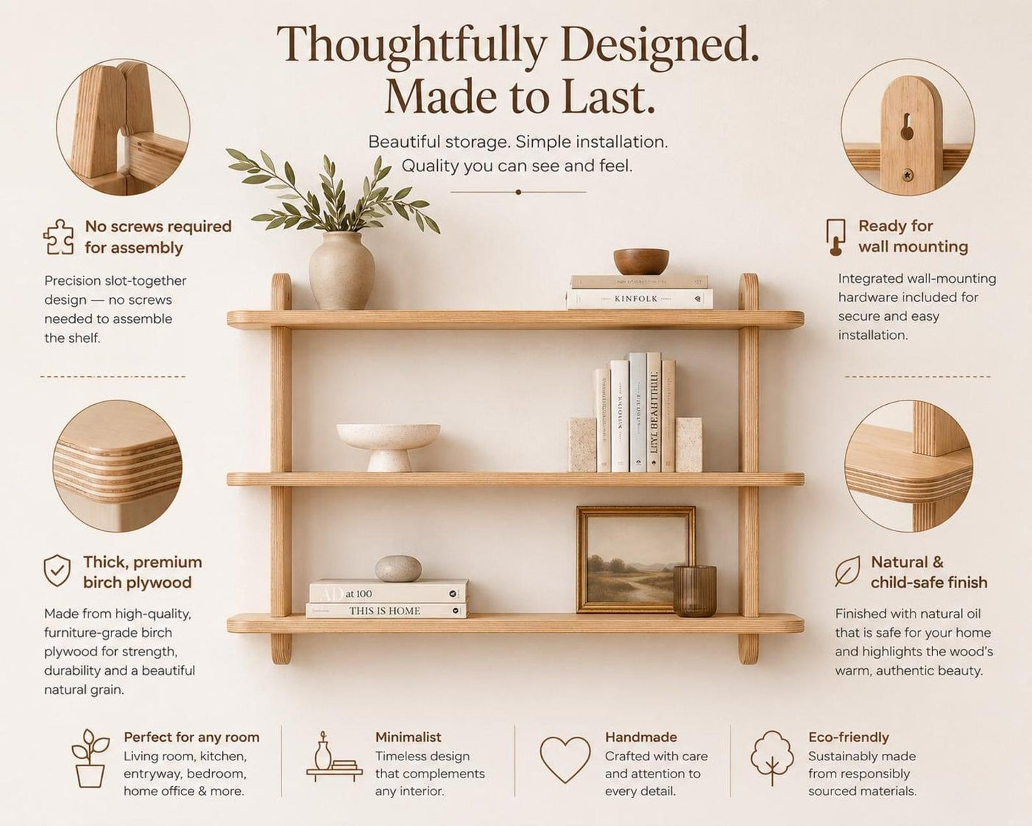 Handcrafted Wooden Wall Shelf Scandinavian Floating Wall Decor