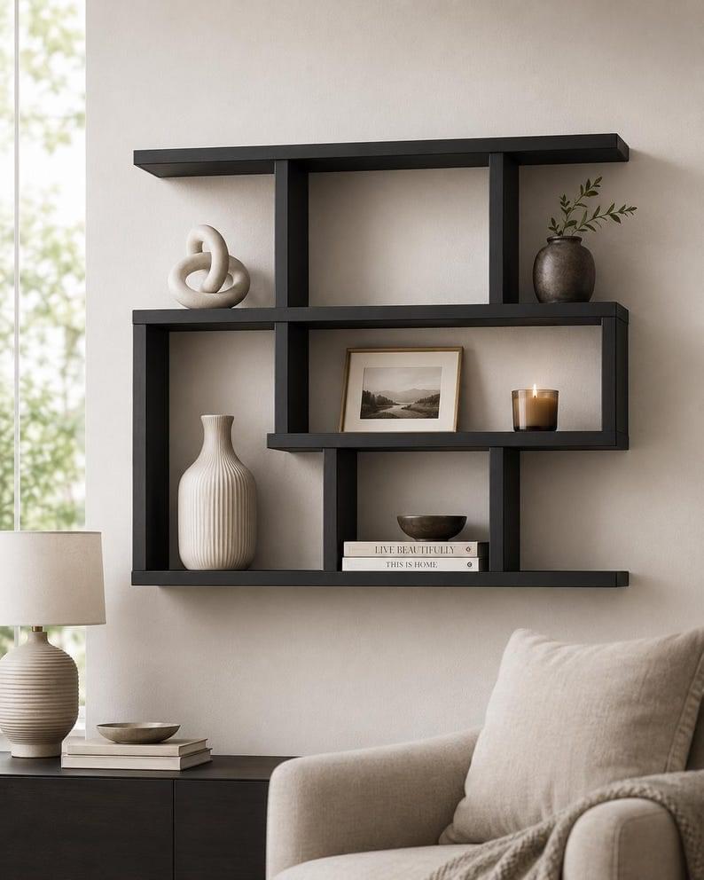 The Meridian Wooden Wall Display Shelf  Handcrafted Geometric Wall Decor