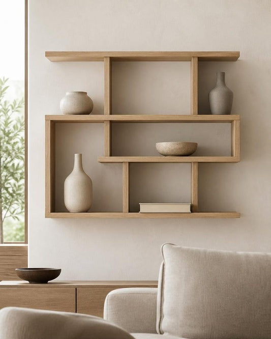 The Meridian Wooden Wall Display Shelf  Handcrafted Geometric Wall Decor