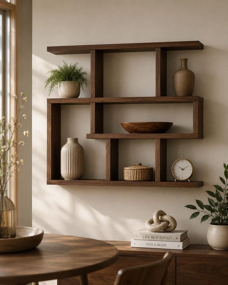The Meridian Wooden Wall Display Shelf  Handcrafted Geometric Wall Decor