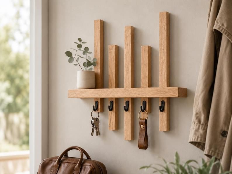 Oak Entryway Wall Shelf Handmade Wall-Mounted Key Holder