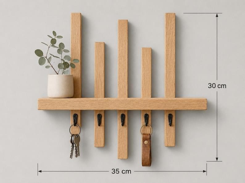 Oak Entryway Wall Shelf Handmade Wall-Mounted Key Holder