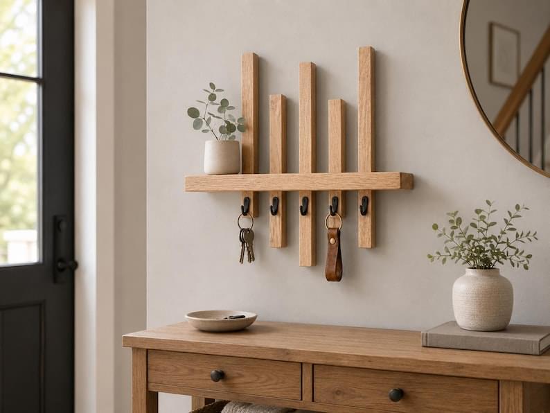 Oak Entryway Wall Shelf Handmade Wall-Mounted Key Holder