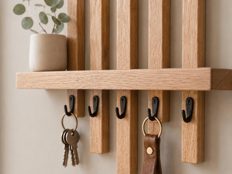 Oak Entryway Wall Shelf Handmade Wall-Mounted Key Holder
